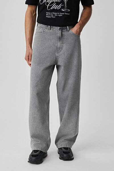 GRIMELANGE Mıkal Men's Baggy Wide Leg Thick Textured 100% Cotton High Quality Gray Jeans