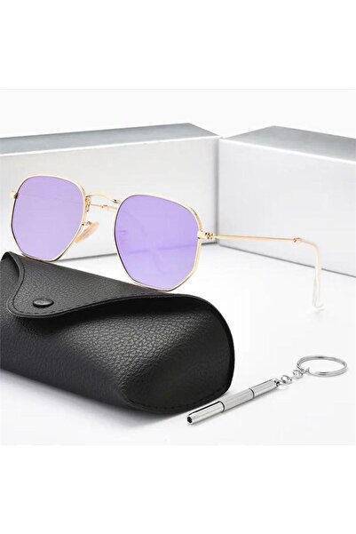 Köstebek New Gold Pentagonal Framed Purple Lens Sunglasses