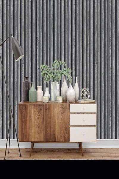 Bien Duvar Kağıtları Bien Exclusive 54007600 Lambri Panel Ahşap Gri Kül Duvar...