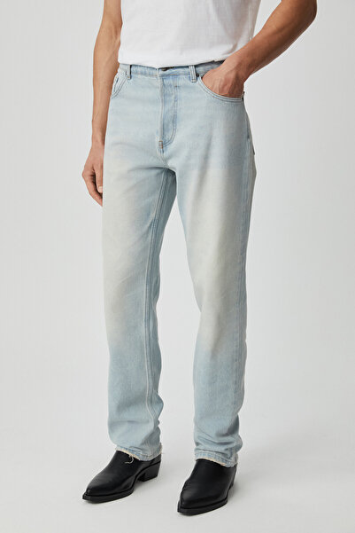 GRIMELANGE Kenyon Men's Stright Fit Straight Cut Thick Textured 100% Cotton High Quality Light Blue Trousers