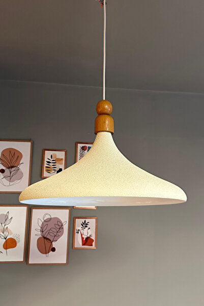 Bamyum Dokulu Açık Krem Kalın Ahşap Boncuk Tekli Avize Sarkıt Salon Mutfak Bu...