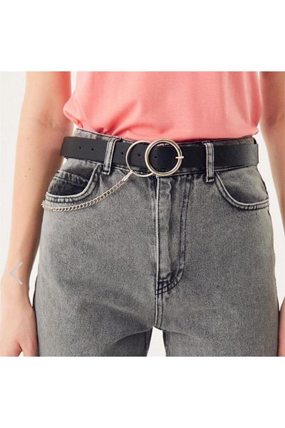 Köstebek Single Chain Detailed Double Ring Buckle Leather Black Belt