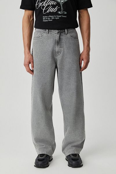 GRIMELANGE Mıkal Men's Baggy Wide Leg Thick Textured 100% Cotton High Quality Gray Jeans