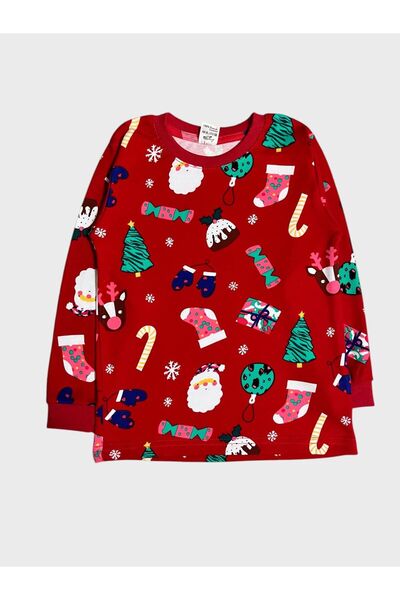 elmas kids Erkek Çocuk %100 Pamuklu Çam Ağacı Ve Şeker Patik Desenli Kışlık Pijama Takımı