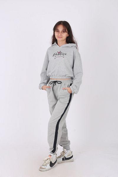 han elegant Set of 2 Printed Comfortable and Fashionable Long Sleeve Hooded Sweatshirt Crop and Sweatpants with Side Stripe