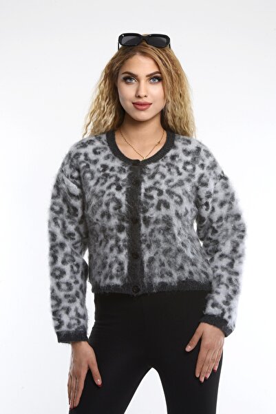 KURGAN TEKSTİL Anthracite Leopard Patterned Knitwear Cardigan