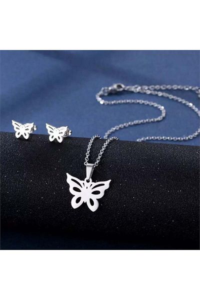 Köstebek Silver Harajuku Butterfly Necklace and Earring Set