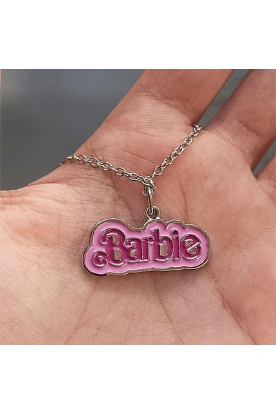 Köstebek Pink Barbie Logo Necklace with Fuchsia Writing