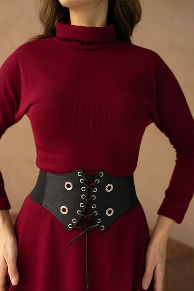 WOMAN VISION Tricotaje elastice de design pentru femei, cu gât în picioare, cu mânecă lungă, cu centură midi, rochie burgundă 134