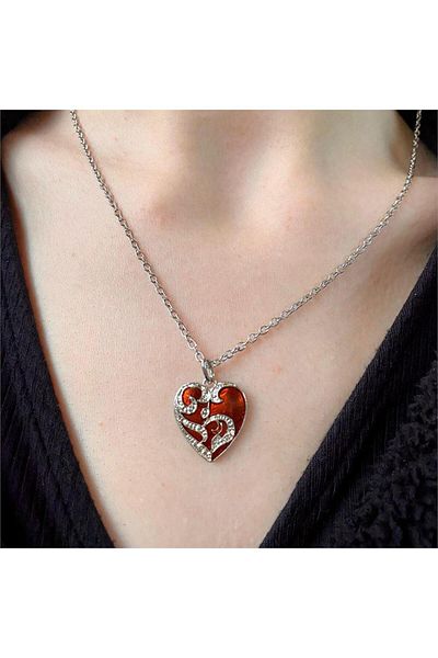 Köstebek Red Embroidered Stone Heart Necklace
