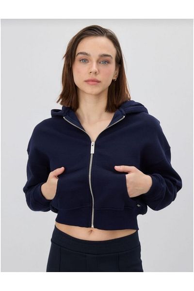 MODA FARİZE 100% памучен тъмносин къс кардиган с цип - 3 нишки с качулка