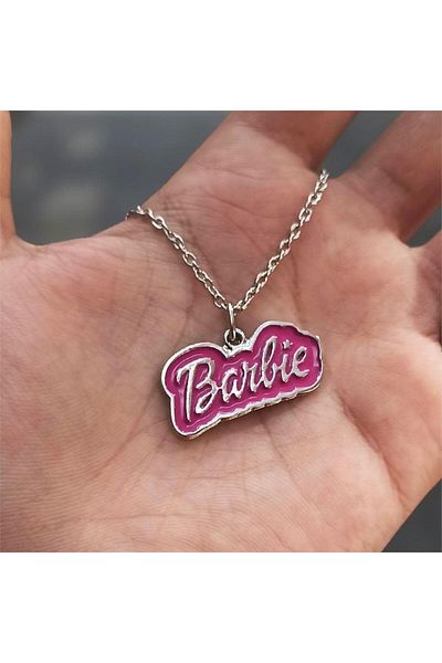 Köstebek Pink Barbie Logo Necklace with Silver Writing