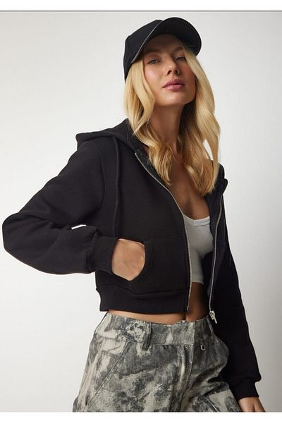 MODA FARİZE Black Crop Cardigan - 100% Cotton, 3 Thread, Zip and Hood