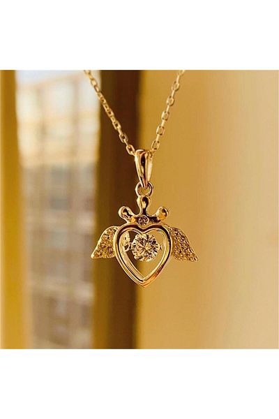 Köstebek Winged Heart Stone Detailed Gold Chain Necklace