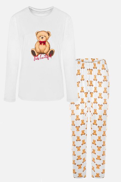 koza iç giyim Women's Soft Touch Cotton Long Sleeve Basic Teddy Bear Print Pajamas Set