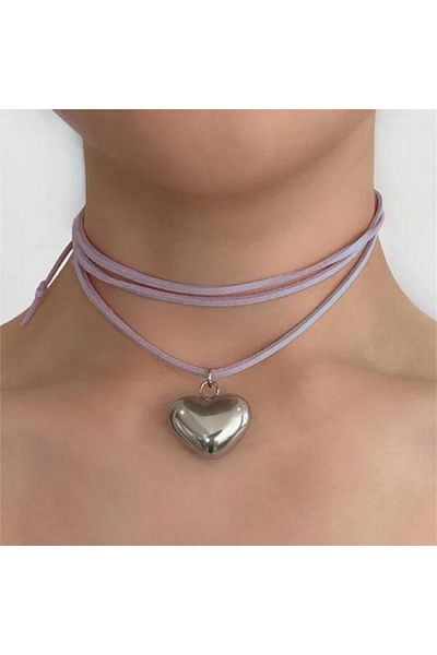 Köstebek Lilac Vintage String Big Heart Silver Necklace