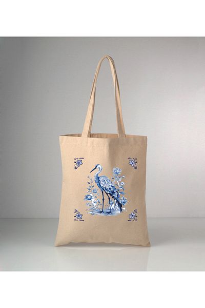 GİFTORA Special Series Delft Blue Bird Printed Raw Cloth Shoulder Bag