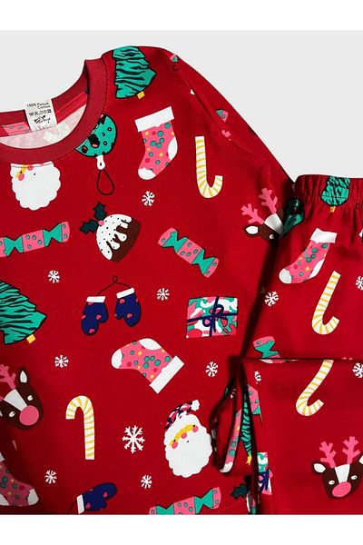 elmas kids Boy's 100% Cotton Pine Tree and Candy Booties Patterned Winter Pajamas Set