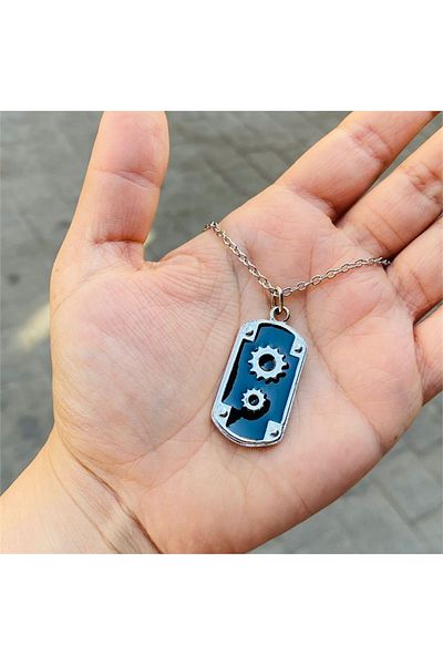 Köstebek Silver Necklace - Black, Thick Imprint with Gear Detail and Rivet