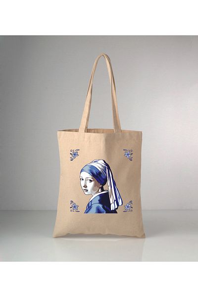 GİFTORA Special Series Delft Blue Pearl Earring Girl Printed Raw Cloth Shoulder Bag