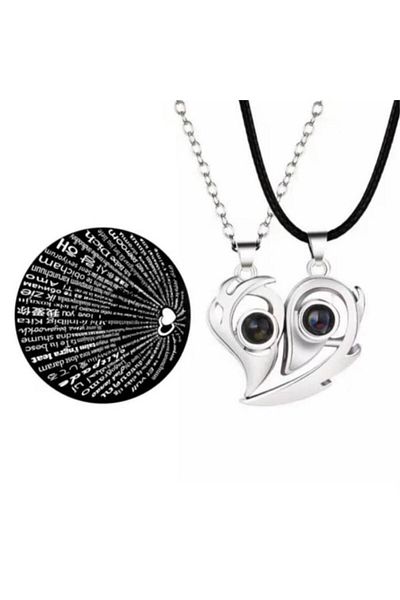 Köstebek Silver Heart Shaped I Love You in 100 Languages Couple Necklace