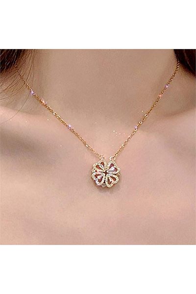Köstebek Gold Heart Detailed Clover Necklace