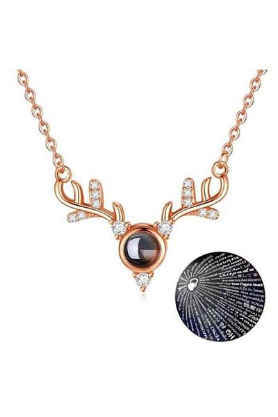 Köstebek I Love You Necklace in 100 Languages with Gold Deer Horn