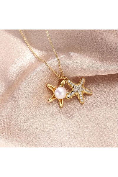 Köstebek Pearl Gold Chain Necklace Hidden in a Starfish