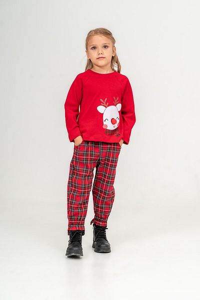 Eray Kids New Year's Themed Girl's Deer Detailed Sweatshirt Plaid Pants Bottom Top Set