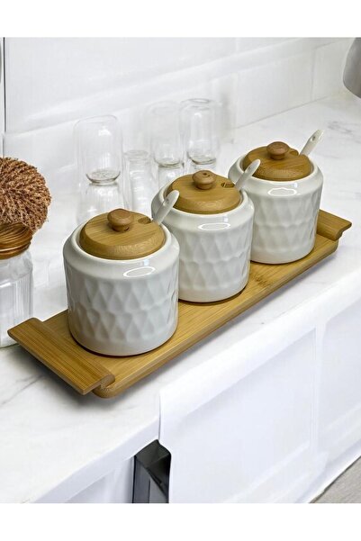Enyaza Home Porselen 3 Parça Bambu Standlı Porselen Kaşıklı Lüks Baharatlık Seti