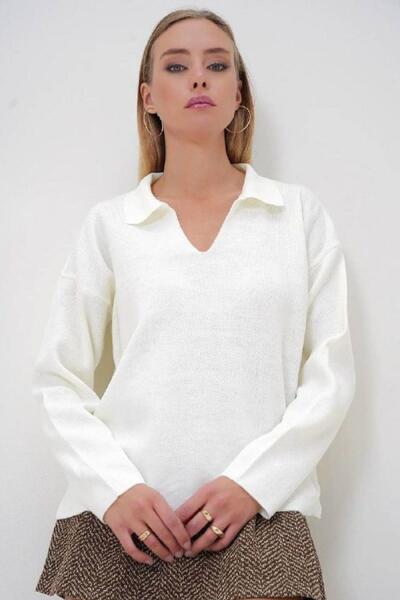 Mossta Ecru Polo Neck Loose Sweater