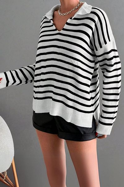 Mossta White Polo Neck Striped Loose Knitwear Blouse