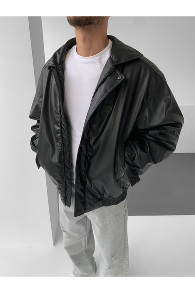 NO1 KONSEPT Μαύρο Oversize Vintage Bomber Δερμάτινο Παλτό