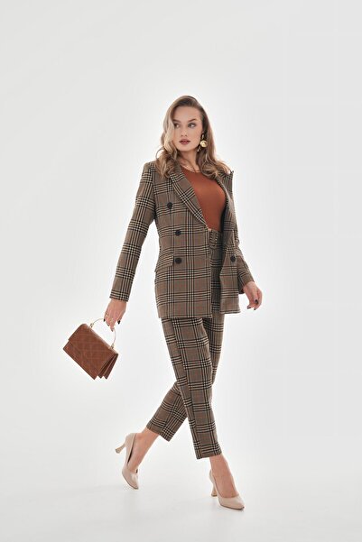 VAPUR TEKSTİL High Waist Plaid Pants - Coffee with Belt and Pocket