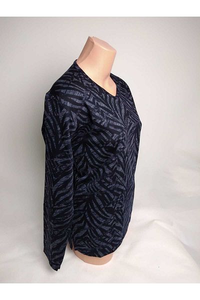 YAŞAR TRİKO Tricou de damă, albastru bleumarin, cu decolteu în V, cu mânecă lungă, cu fante laterale, sezonier Lizy Mother, din bumbac pieptănat