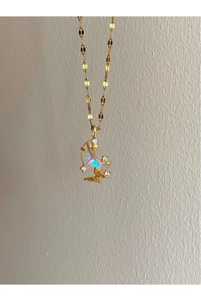 Ephyra Çelik Altın Rengi Kelebek Hilal Kolye