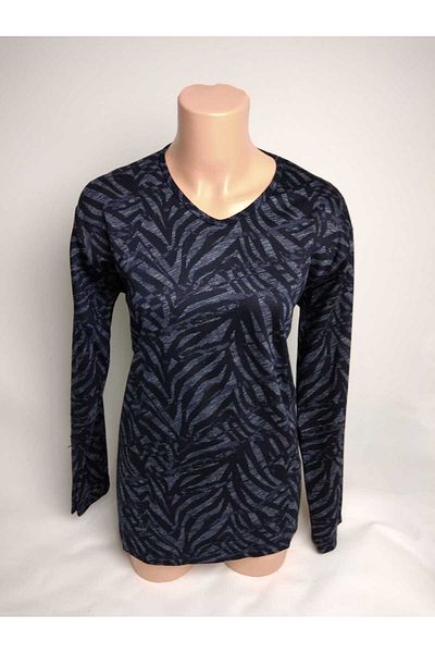 YAŞAR TRİKO Tricou de damă, albastru bleumarin, cu decolteu în V, cu mânecă lungă, cu fante laterale, sezonier Lizy Mother, din bumbac pieptănat