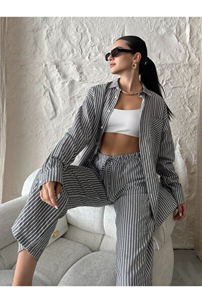 King Brothers Black Striped Patterned - Pocketed Long Sleeve Tracksuit Set