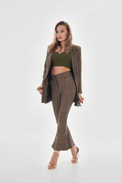 VAPUR TEKSTİL Plaid Patterned Lycra Spanish Leg Trousers - Mink