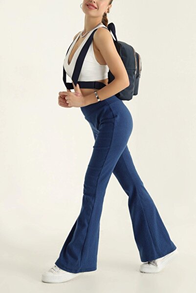 Mossta Navy Blue Ribbed Spanish Leg Trousers