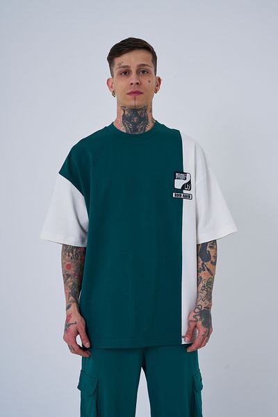 Machinist Petrol Green Embroidered Oversize Men's T-Shirt - Ripped Technical Design
