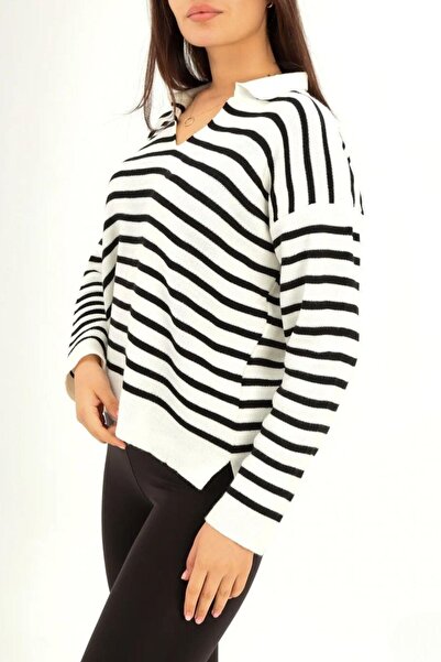 Mossta White Polo Neck Striped Loose Knitwear Blouse