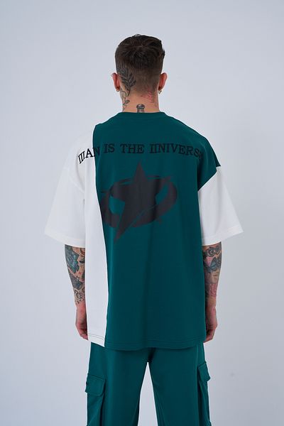 Machinist Petrol Green Embroidered Oversize Men's T-Shirt - Ripped Technical Design