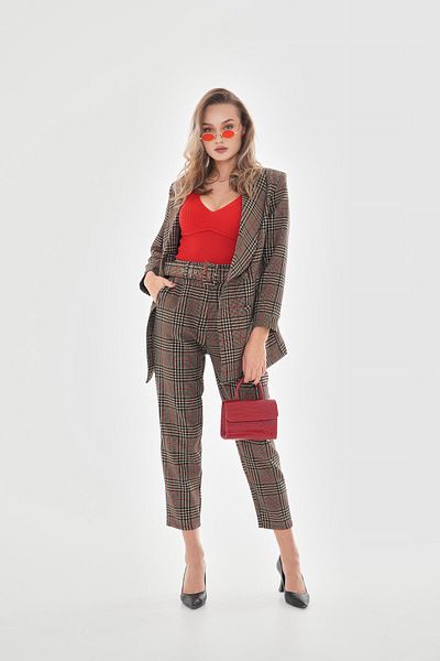 VAPUR TEKSTİL Plaid Blazer Jacket with Padded Shoulders and Snaps on the Front - Red