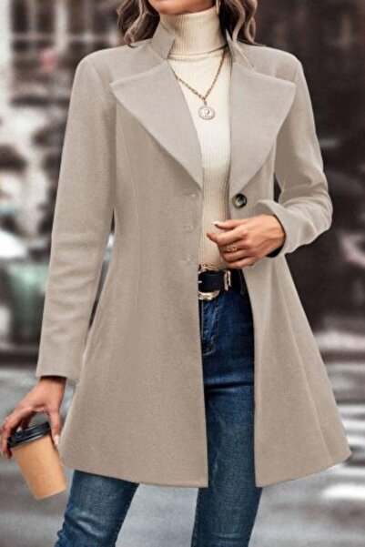 Mossta Μπεζ κοντό παλτό με καστανόχρωμο σχέδιο - με κουμπιά