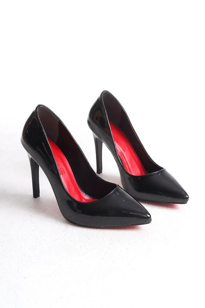 DİGGO Red Black Patent Leather Pointed Heeled Women's Shoes