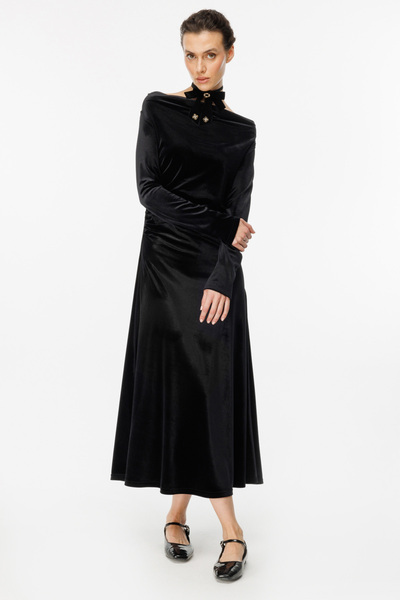 Ekol Kadın Kadife Kumaş Elbise 5045 Siyah