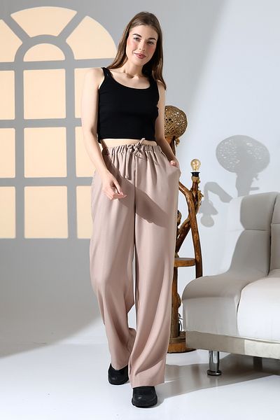 DİVİSTA Women's Beige 100% Viscose Woven Trousers with Elastic Waist