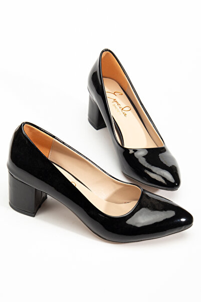 ESPEDA جميع المقاسات، كعب جلد أسود لامع، 5 سم، مغلق من الخلف، خنجر نسائي أنيق