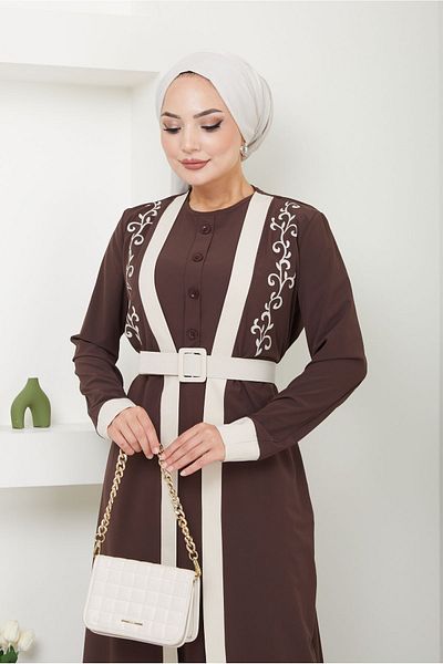Ayşe Melek 2694 Model Evening Dress - Applique Detailed, Long 2 Piece Hijab Set, Brown